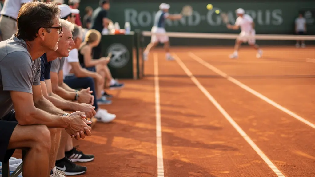Vue rapprochée d'un court annexe avec peu de spectateurs assis très près des joueurs en plein échange
