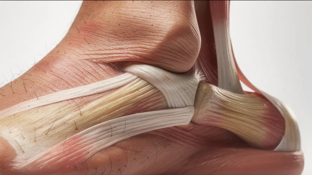 Vue macro détaillée d'une cheville de tennisman montrant les zones de stress biomécanique