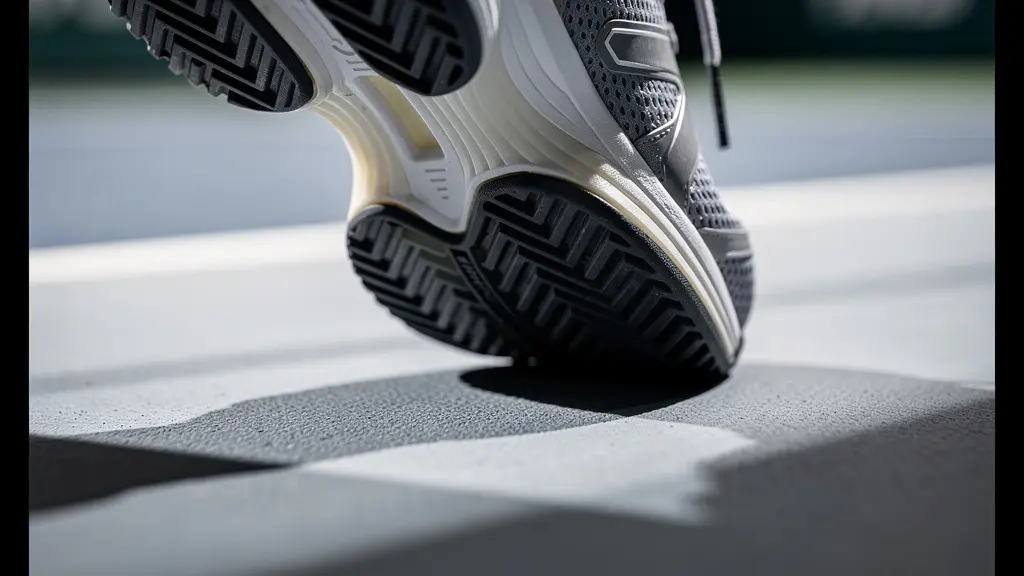 Vue macro d'un pied de tennisman au moment précis du split-step sur surface dure indoor