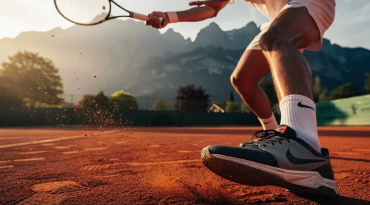 Joueur de tennis en position d'appui dynamique montrant l'ancrage parfait des pieds au sol sur terre battue