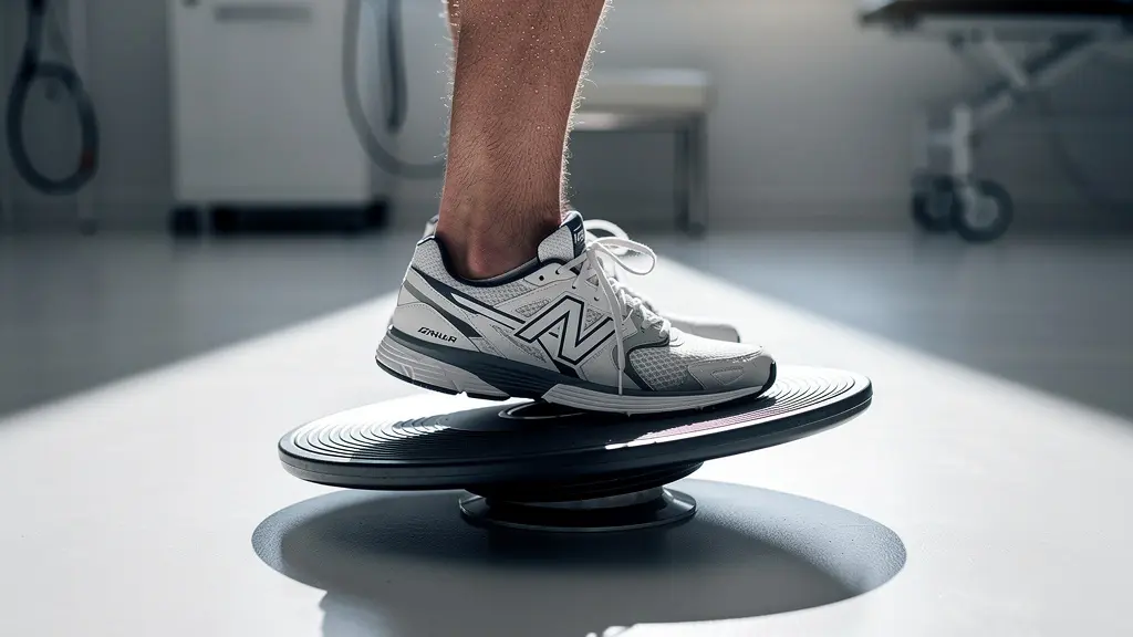 Athlète travaillant l'équilibre sur plateau instable en salle de kinésithérapie