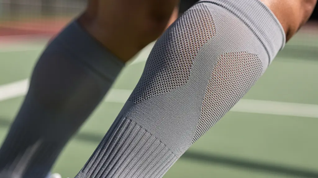 Gros plan sur jambes de tennisman portant des bas de compression après match