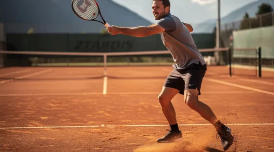 Joueur de tennis en pleine frappe montrant l'ancrage au sol et la rotation du corps pour générer de la puissance