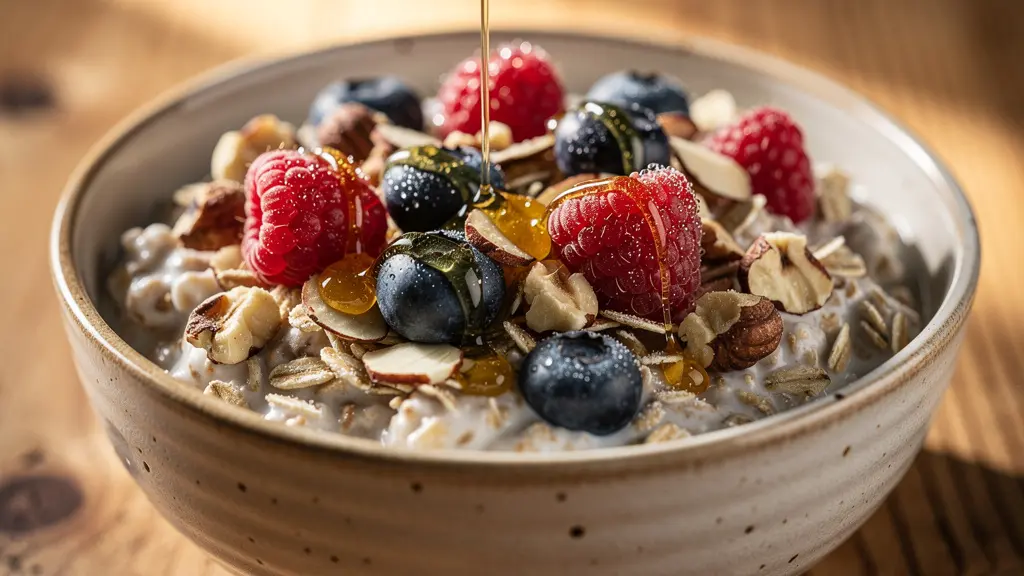 Bol de Birchermüesli avec flocons d'avoine, baies et noix sur table en bois