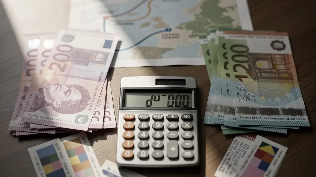 Bureau avec calculatrice, billets de train, francs suisses et euros étalés sur une carte Paris-Genève