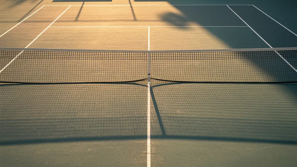 Vue plongeante minimaliste d'un court de tennis avec ombres géométriques créées par le filet