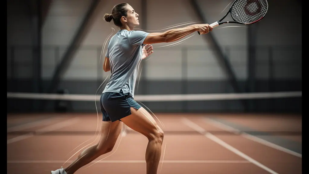 Vue latérale d'un service de tennis montrant la chaîne cinétique depuis les jambes jusqu'à la raquette