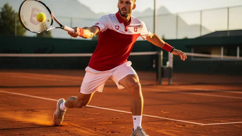 Vue latérale d'un joueur de tennis au moment de l'impact montrant la chaîne cinétique complète depuis le sol jusqu'à la raquette