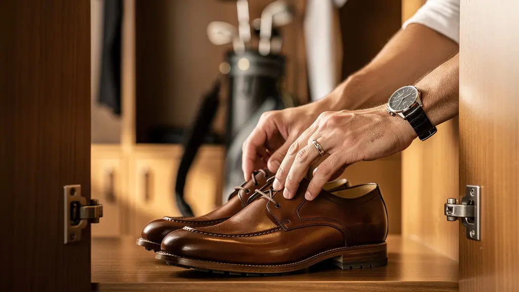 Paire de chaussures de golf en cuir dans un vestiaire élégant de club
