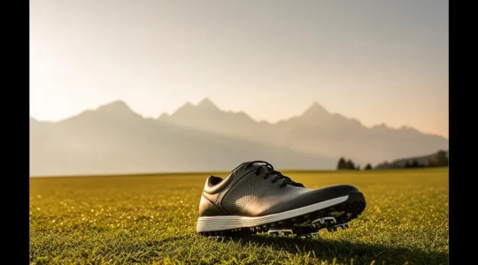 Chaussure de golf moderne avec semelle technique sur gazon impeccable