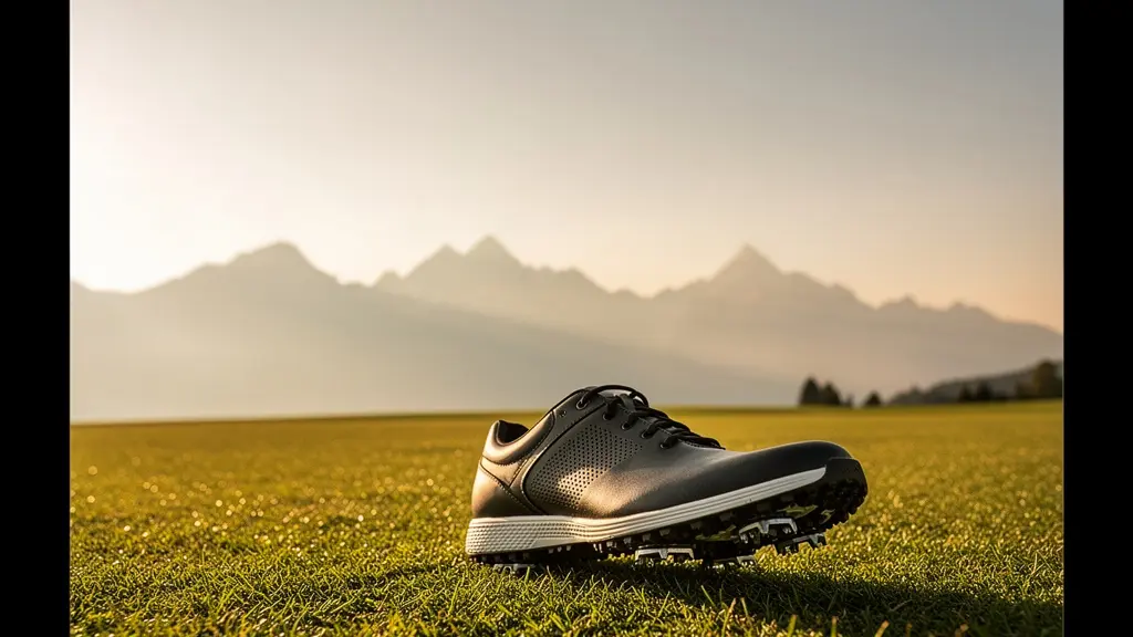 Chaussure de golf moderne avec semelle technique sur gazon impeccable