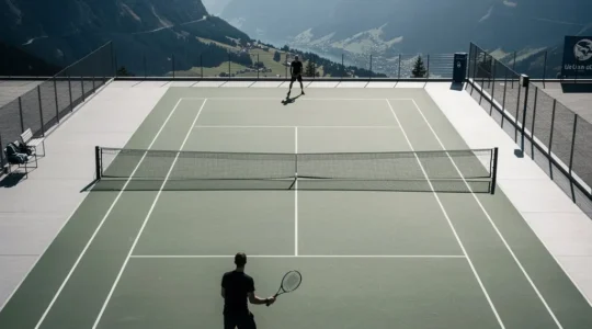Joueur de tennis en action avec effet de perspective montrant la distance entre amateur et professionnel