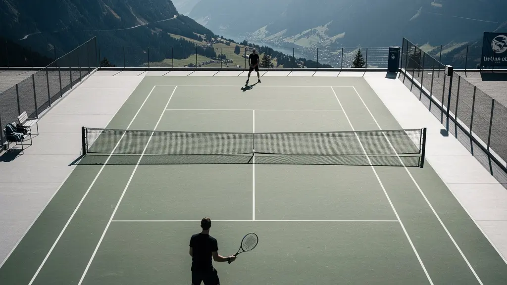 Joueur de tennis en action avec effet de perspective montrant la distance entre amateur et professionnel