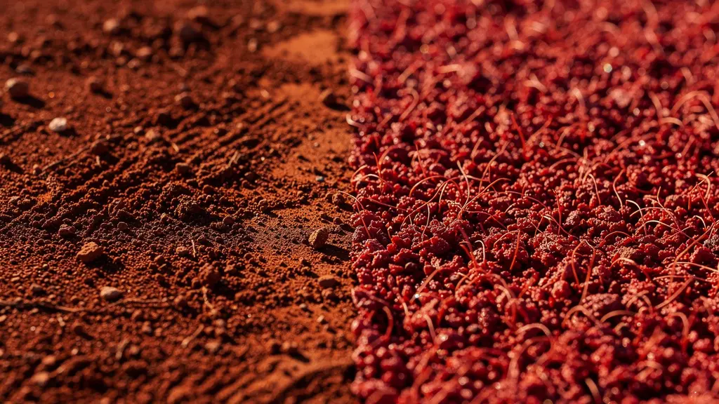 Vue rapprochée montrant la texture de la terre battue traditionnelle et de la surface Red Plus côte à côte
