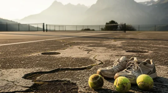Court de tennis en béton poreux Quick avec joueur en action et matériel usé