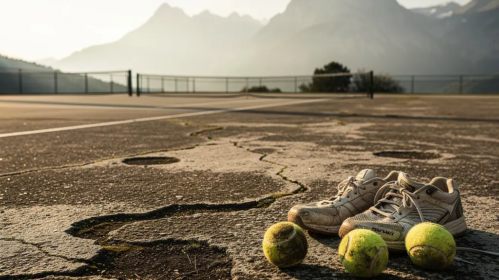 Court de tennis en béton poreux Quick avec joueur en action et matériel usé
