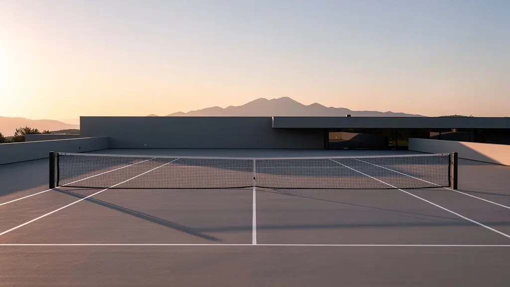 Vue large d'un court de tennis moderne au crépuscule avec lignes géométriques épurées