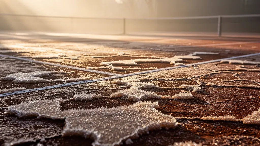 Court de tennis en terre battue au petit matin montrant les effets du gel avec des zones cristallisées