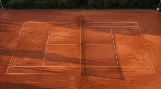 Vue aérienne d'un court de tennis en terre battue avec sa surface ocre caractéristique et ses lignes blanches parfaitement visibles