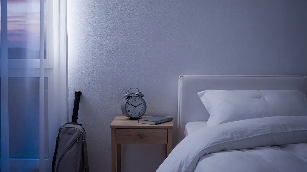 Chambre épurée avec réveil indiquant l'heure optimale et équipement de tennis préparé