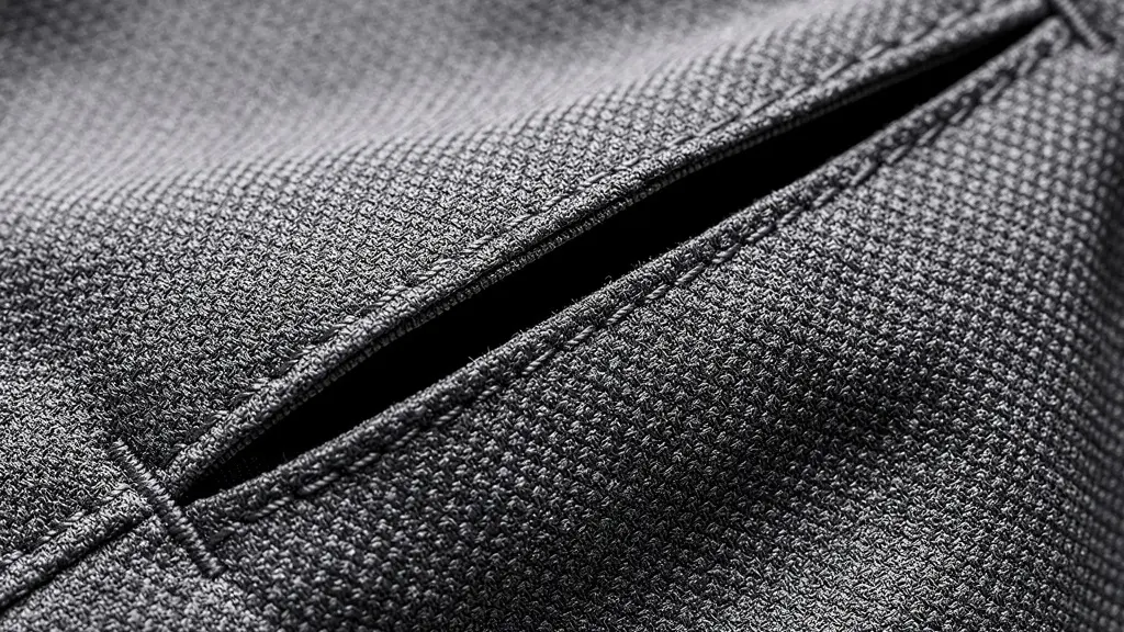 Détail macro d'une poche de pantalon de golf avec texture technique visible