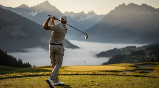 Golfeur senior exécutant un swing de driver contrôlé sur un parcours suisse alpin