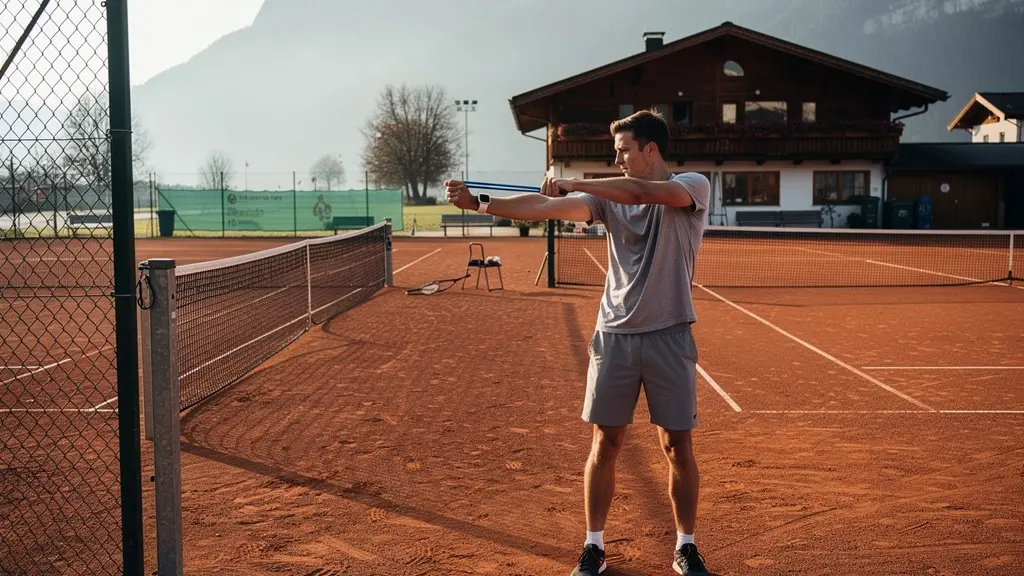 Joueur de tennis effectuant des exercices d'échauffement de l'épaule avec un élastique au bord d'un court en terre battue.