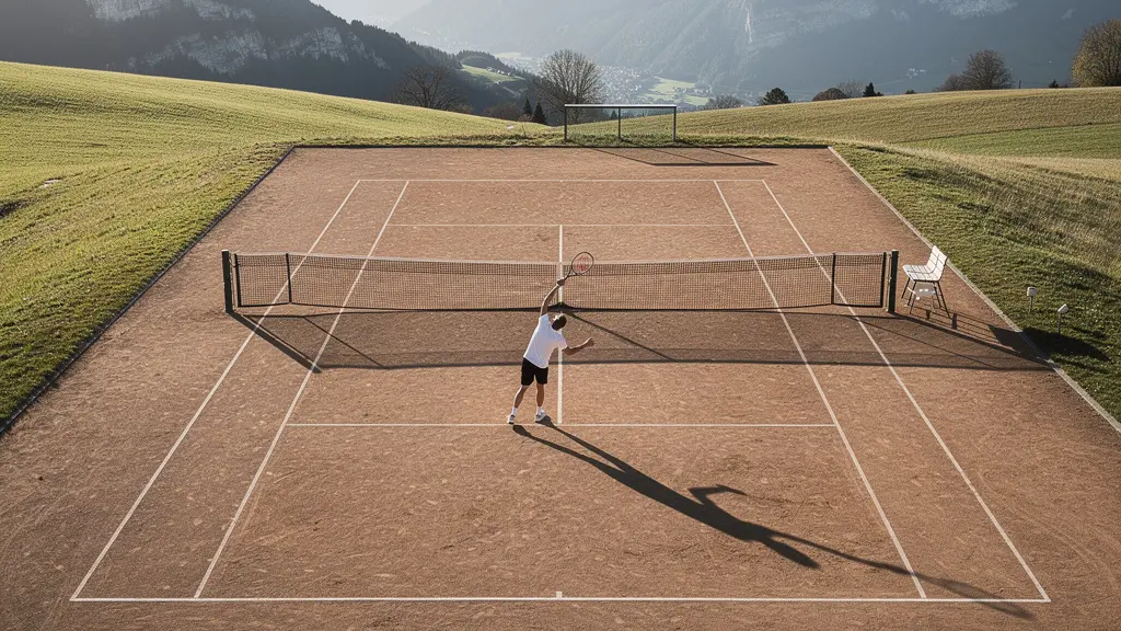 Joueur de tennis en phase d'échauffement pratiquant la respiration contrôlée sur un court extérieur