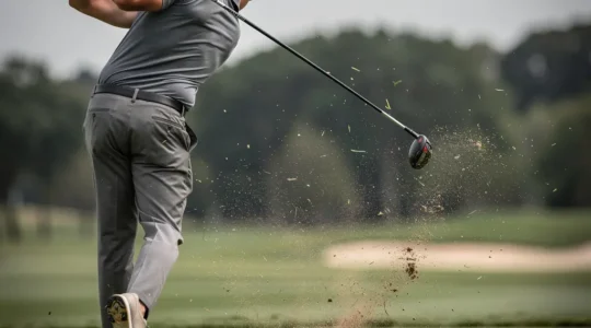 Golfeur professionnel au moment de l'impact avec la balle, démontrant le transfert parfait de l'énergie cinétique