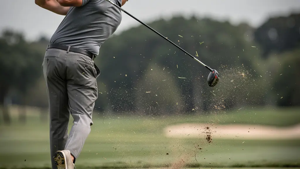 Golfeur professionnel au moment de l'impact avec la balle, démontrant le transfert parfait de l'énergie cinétique