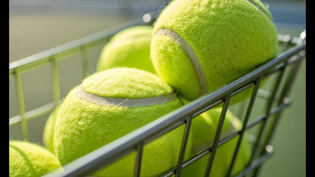Gros plan macro sur des balles de tennis vertes dans un panier métallique avec profondeur de champ réduite