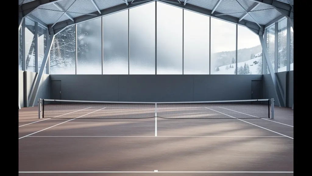 Vue large d'un court de tennis indoor moderne en Suisse avec architecture épurée