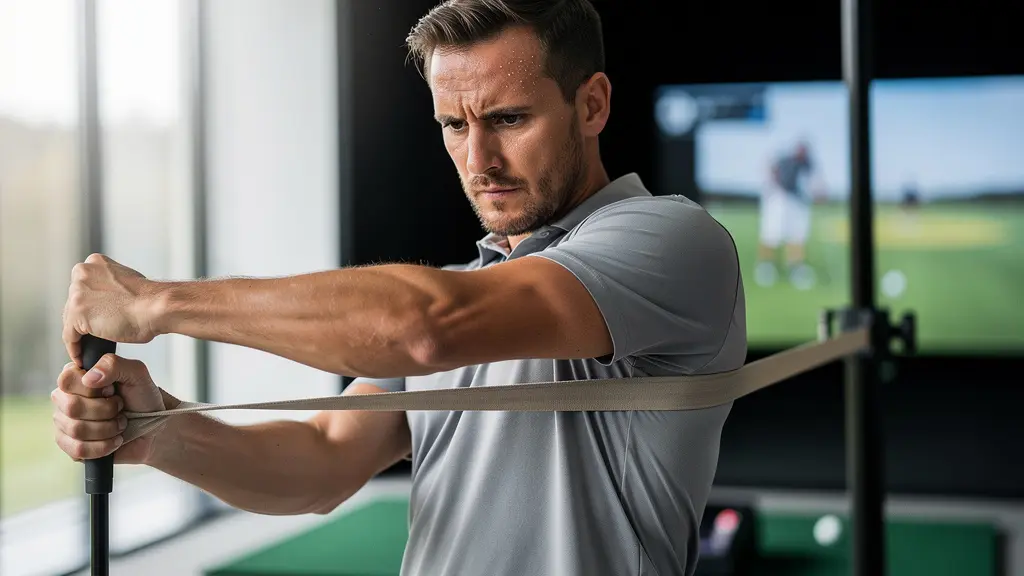 Démonstration d'exercice de gainage rotatif avec élastique pour le golf