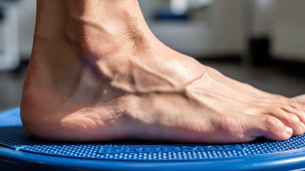 Gros plan sur pied de joueur de tennis en équilibre sur plateau de Freeman