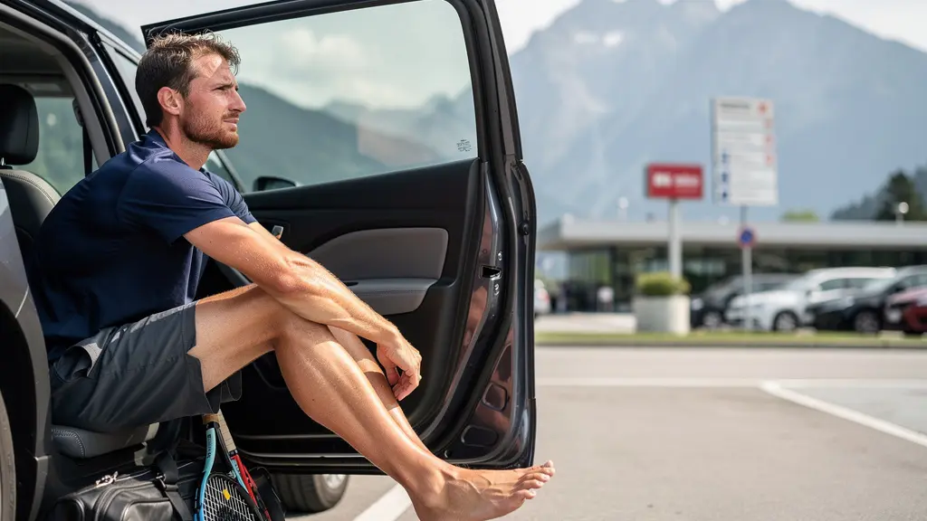 Vue latérale d'un joueur effectuant des exercices de cheville assis dans une voiture sur une aire d'autoroute suisse
