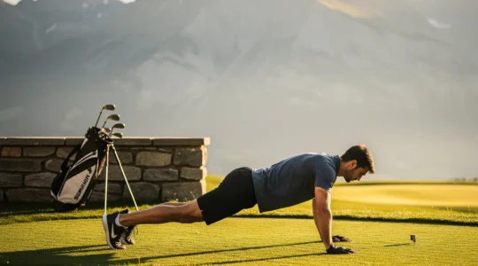 Golfeur en position de gainage sur terrain alpin suisse avec clubs et montagnes en arrière-plan