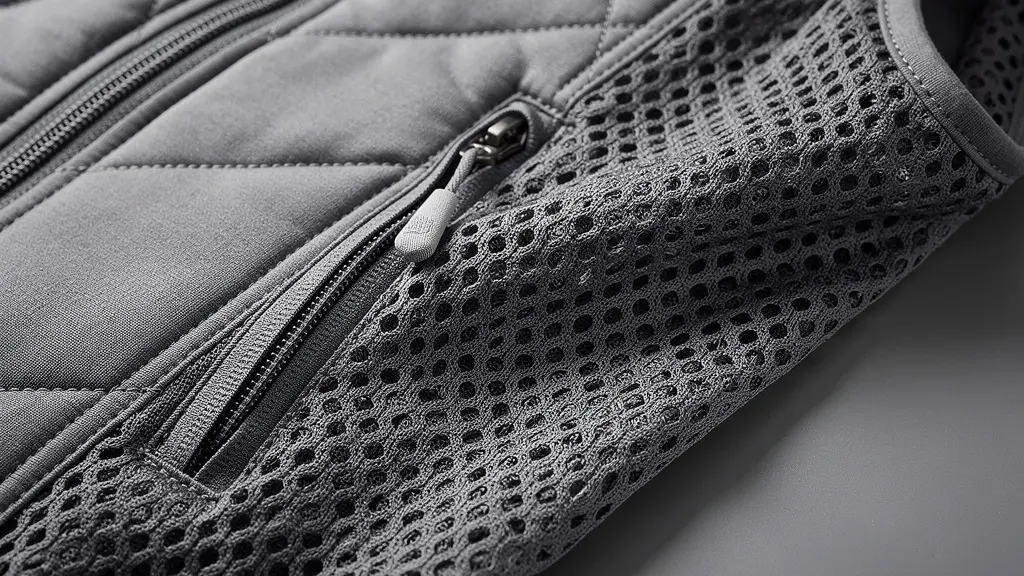 Détail macro d'un gilet technique sans manches montrant les zones de ventilation et d'isolation