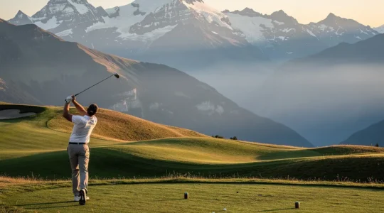 Vue panoramique d'un golfeur sur un parcours alpin suisse avec les sommets enneigés en arrière-plan