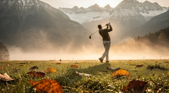 Golfeur effectuant une approche sur herbe mouillée en automne avec feuilles colorées