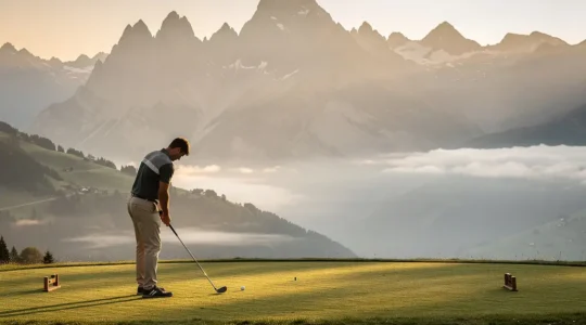 Golfeur concentré face au premier départ, vue de profil avec parcours de golf alpin suisse en arrière-plan