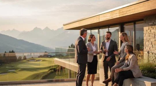 Vue élégante d'un club-house de golf en Suisse romande avec des professionnels en discussion