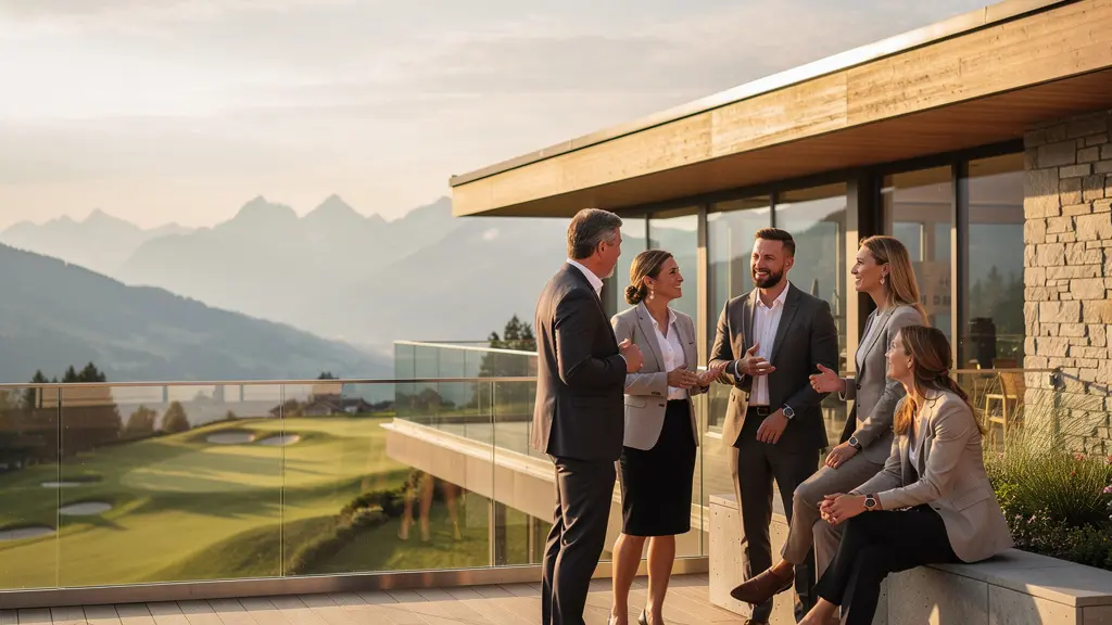 Vue élégante d'un club-house de golf en Suisse romande avec des professionnels en discussion