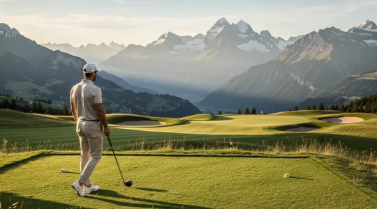 Golfeur étudiant la stratégie sur un parcours alpin avec vue panoramique