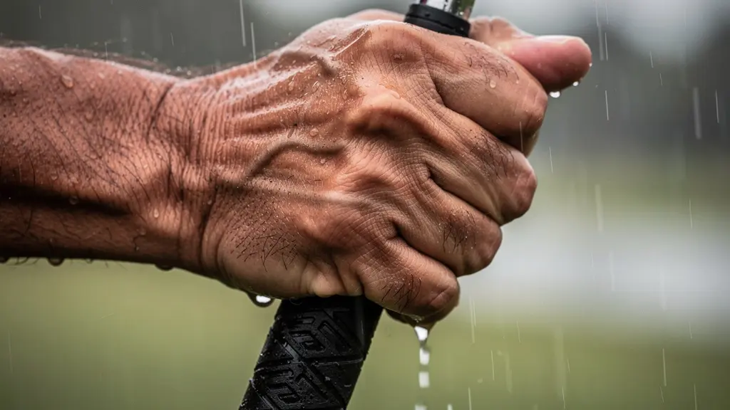 Macro d'un grip de golf et d'une main gantée sous une pluie battante