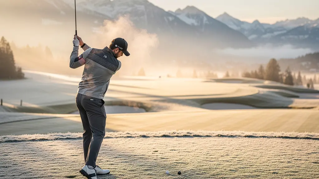 Golfeur testant ses mouvements de swing avec un équipement d'hiver multicouche sur un parcours suisse par temps froid