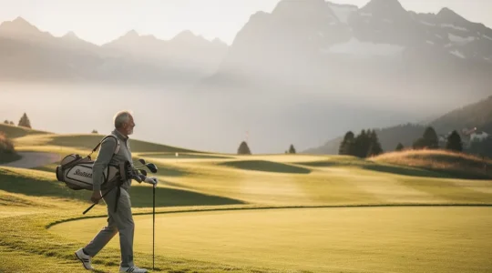 Un golfeur senior marchant sur un parcours de golf alpin suisse avec vue sur les montagnes
