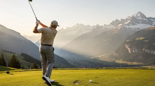 Golfeur senior en position de finish parfait sur un parcours de golf avec montagnes alpines en arrière-plan
