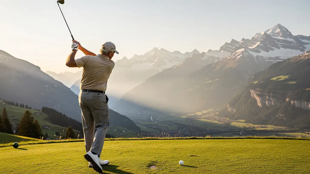 Golfeur senior en position de finish parfait sur un parcours de golf avec montagnes alpines en arrière-plan
