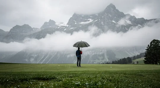 Golfeur se préparant à jouer sous la pluie sur un parcours de montagne en Suisse