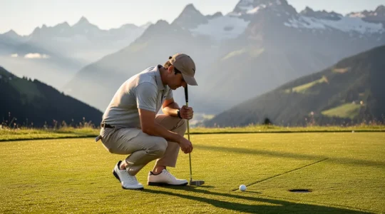 Golfeur accroupi analysant la ligne de putt sur un green avec vue sur les Alpes suisses en arrière-plan